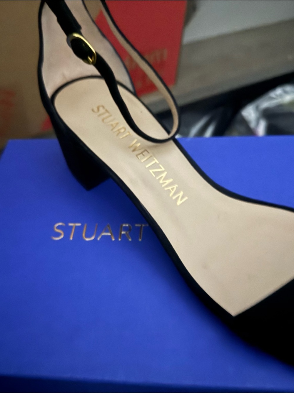 Stuart Weitzman Black Suede Ankle-Strap Block Heel Sandal